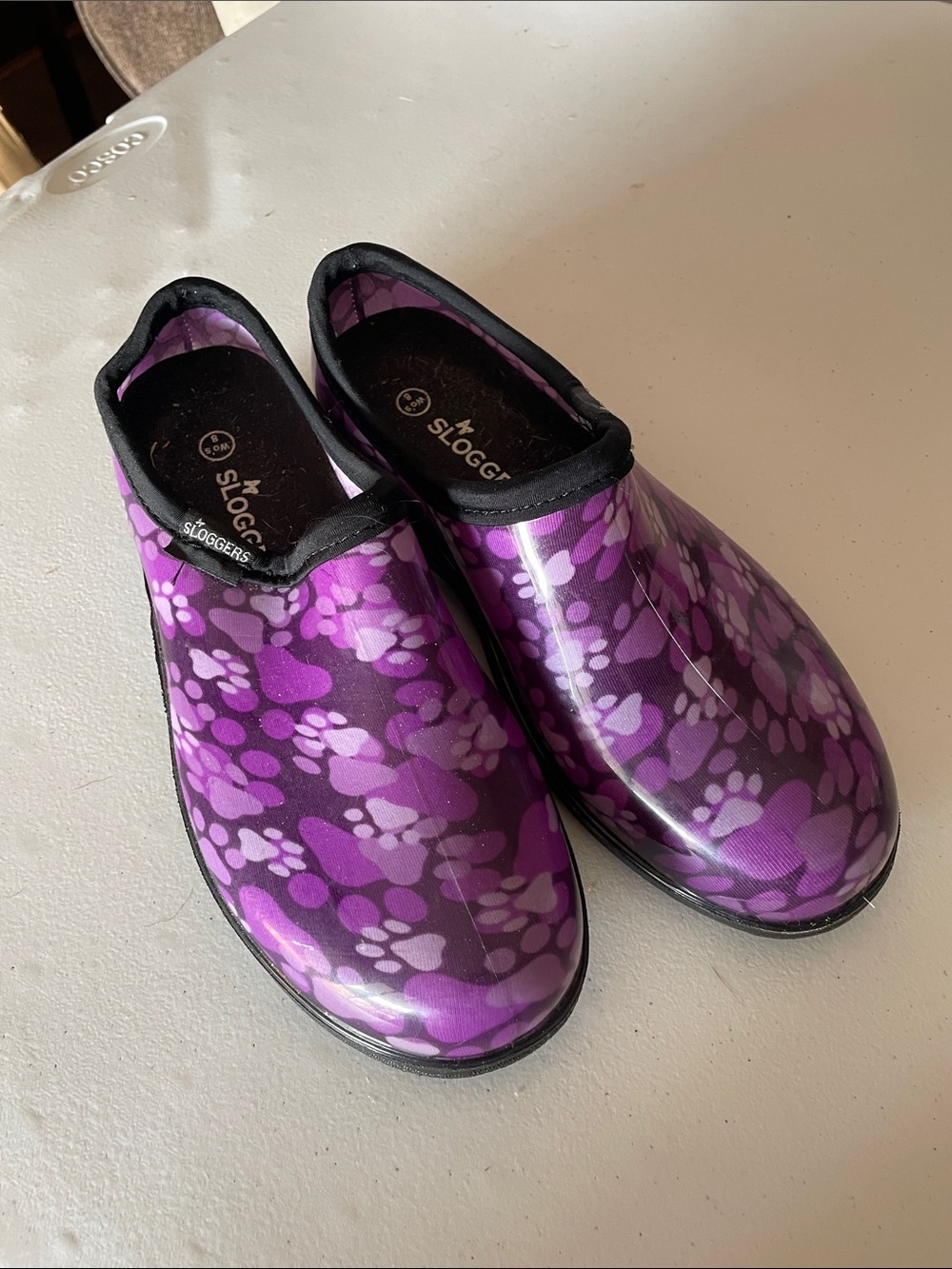 Sloggers Purple Paw Print Waterproof Clogs with Black Trim